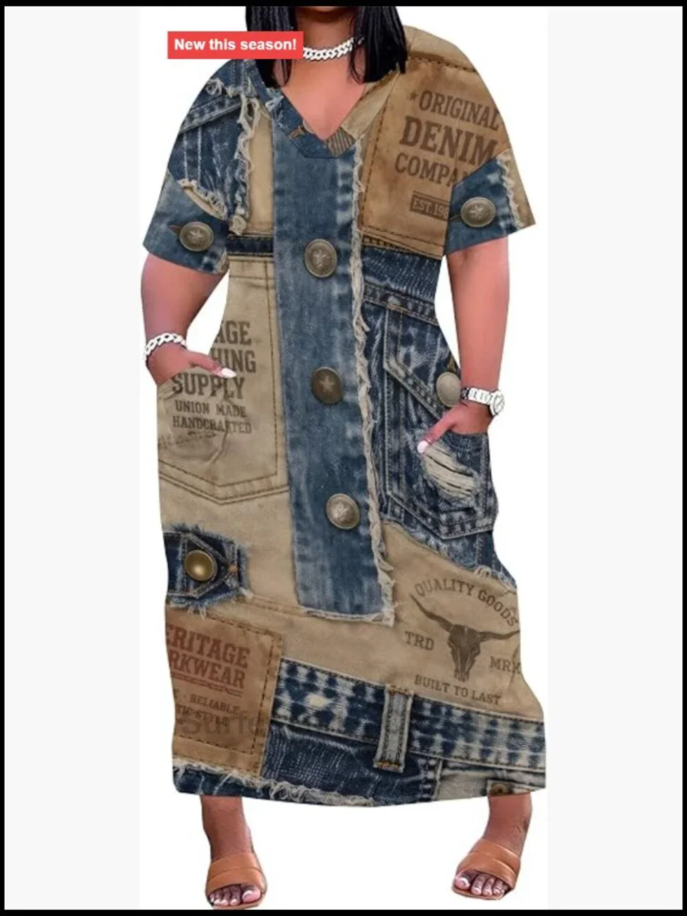 Women's Plus Size Denim Look Maxi Dress Casual 3D Print Faux Jean V-Neck